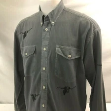 Roper Men's LS Western Shirt Large Gray Striped Longhorn Cattle 100% Cotton  