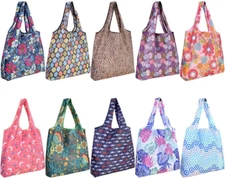 10 Pack Reusable Grocery Shopping Bags w/Attached Pouch, Foldable & Eco-Friendly