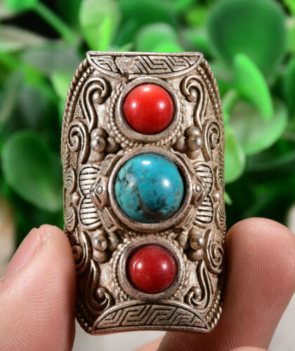 4.5CM China Silver inlay Green Gem Fengshui Exorcism ring Fingerstall Jewelry - Picture 2 of 6