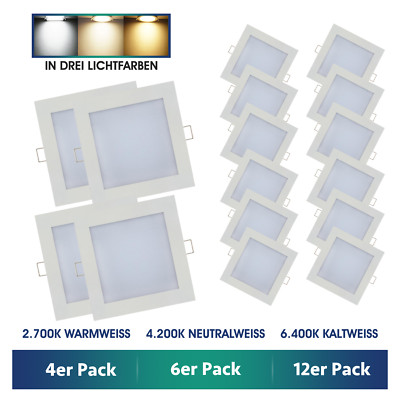 4x 6x 12x LED 230V Einbaustrahler Einbau-Leuchten ultra-flach 3W Set eckig Spots