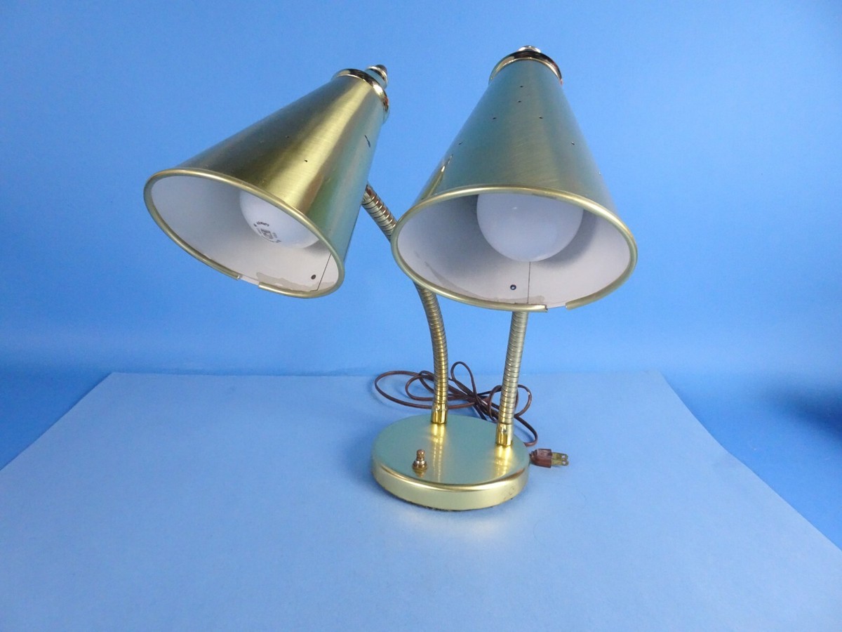 VINTAGE MID CENTURY MODERN BRASS DESK TABLE LAMP DOUBLE GOOSENECK