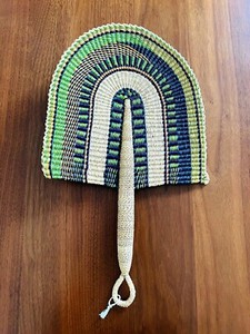 African Bolga Fan Handwoven Straw Fan Hand Fan Decor 18" L Green Natural Orange