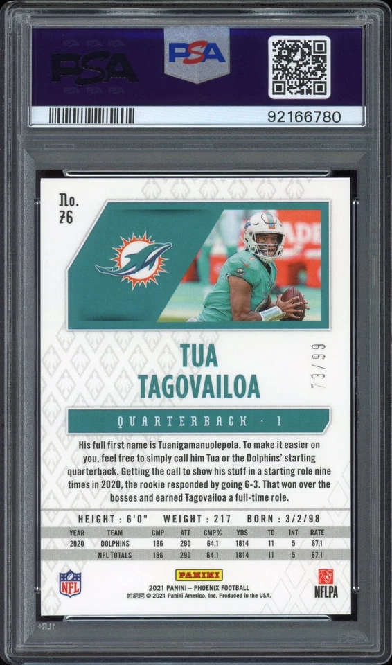 Tua Tagovailoa #76 Orange Lazer /99 - 2021 Panini Phoenix - PSA 10 - Dolphins - Image 2 of 2
