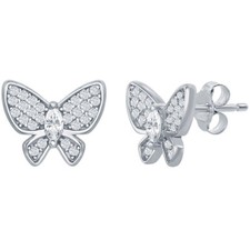 Classic Women's Earrings Sterling Silver White CZ Stone Butterfly Stud D-7536