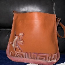 Leather handbag, hand made, natural tan color, hand painted
