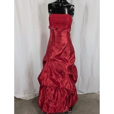 Strapless Red Satin Evening Gown with Embellished Bodice