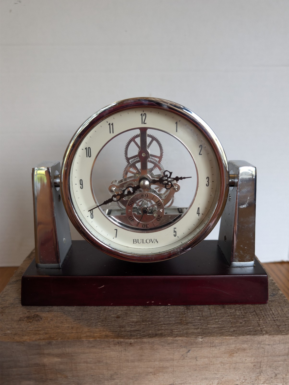 Bulova Desk Clock Silver Finish Exposed Gears Metal Wood Con