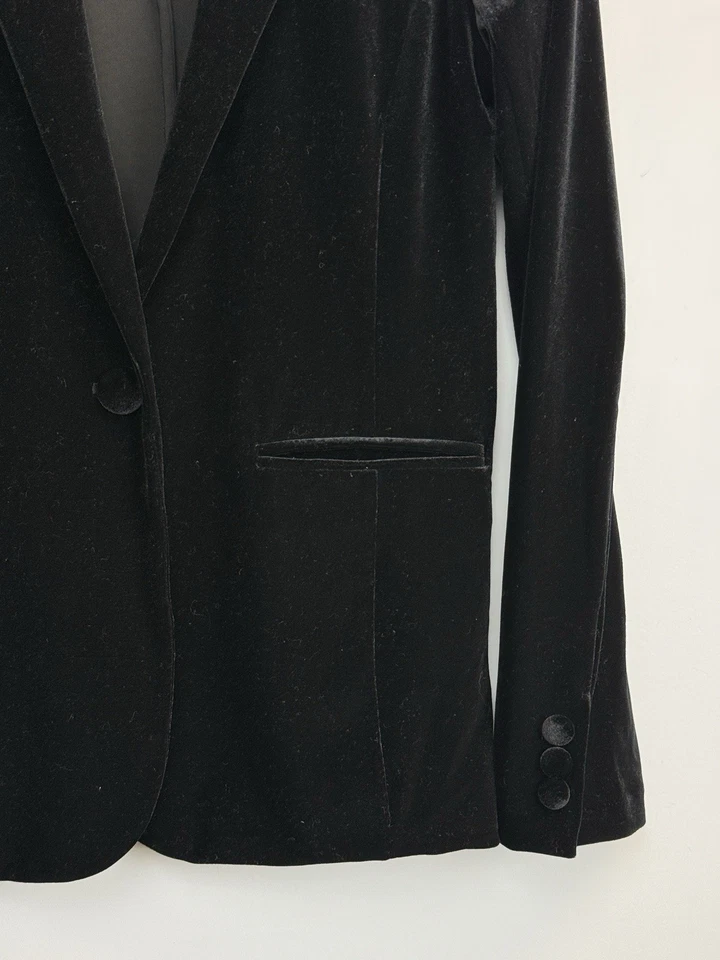 Blazer de terciopelo Tahari para mujer talla pequeña negro cuello un botón chaqueta elástica Foto 4 de 4