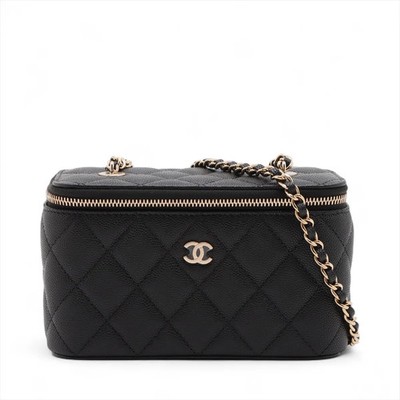 Chanel Matelasse Grained Calfskin Chain Shoulder Bag Vanity Black Gold Metal Fit