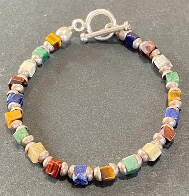 Vintage 925 Sterling Silver Toggle Natural Cube Gemstone Beaded Bracelet