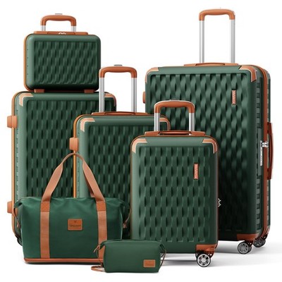 Luggage Set 7 Piece Hard Shell Spinner Wheels TSA Lock Green Brown Lightweight