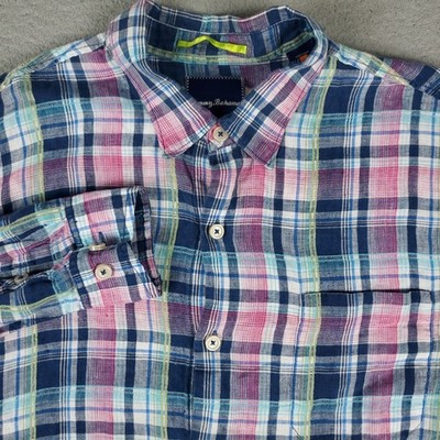 Tommy Bahama Relax Shirt Mens Large Blue Pink Linen Plaid Button Up Long Sleeve