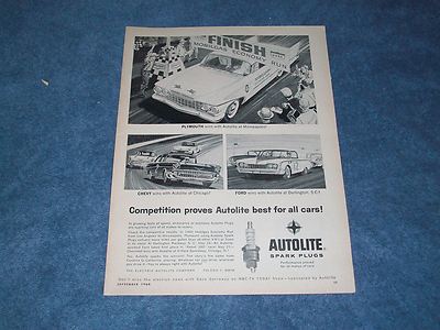1960 Autolite Spark Plugs Vintage Ad '57 Chevy '60 Ford Sunliner NASCAR