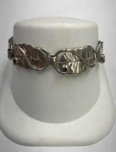 Vintage Taxco Quinto Mexico Sterling Silver Leaf Design Link Bracelet 6.5” - Picture 2 of 8