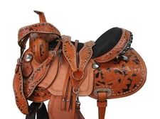 GAITED HORSE WESTERN SADDLE PLEASURE TRAIL BLACK TOOLED USED LEATHER 15 16 17
