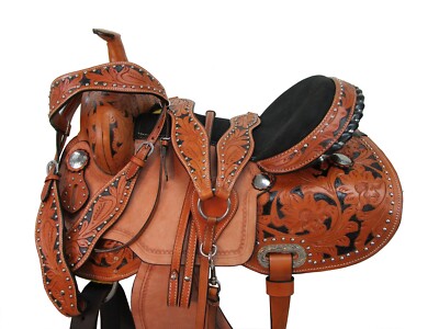 TRAIL WESTERN SADDLE 15 16 17 FLORAL TOOLED PAINTED USED LEATHER HORSE TACK SET