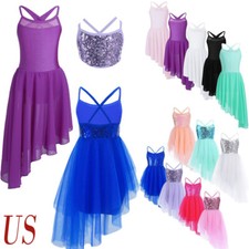 Kids Girls Lyrical Dance Dress Ballet Dancing Cutout Back Asymmetric Skirt Dance