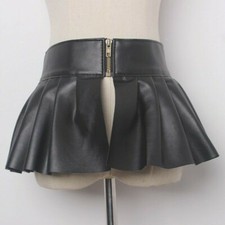 Women Ruffle Zip Belt Corset Peplum Pleated Skirt Waistbelt Faux Leather
