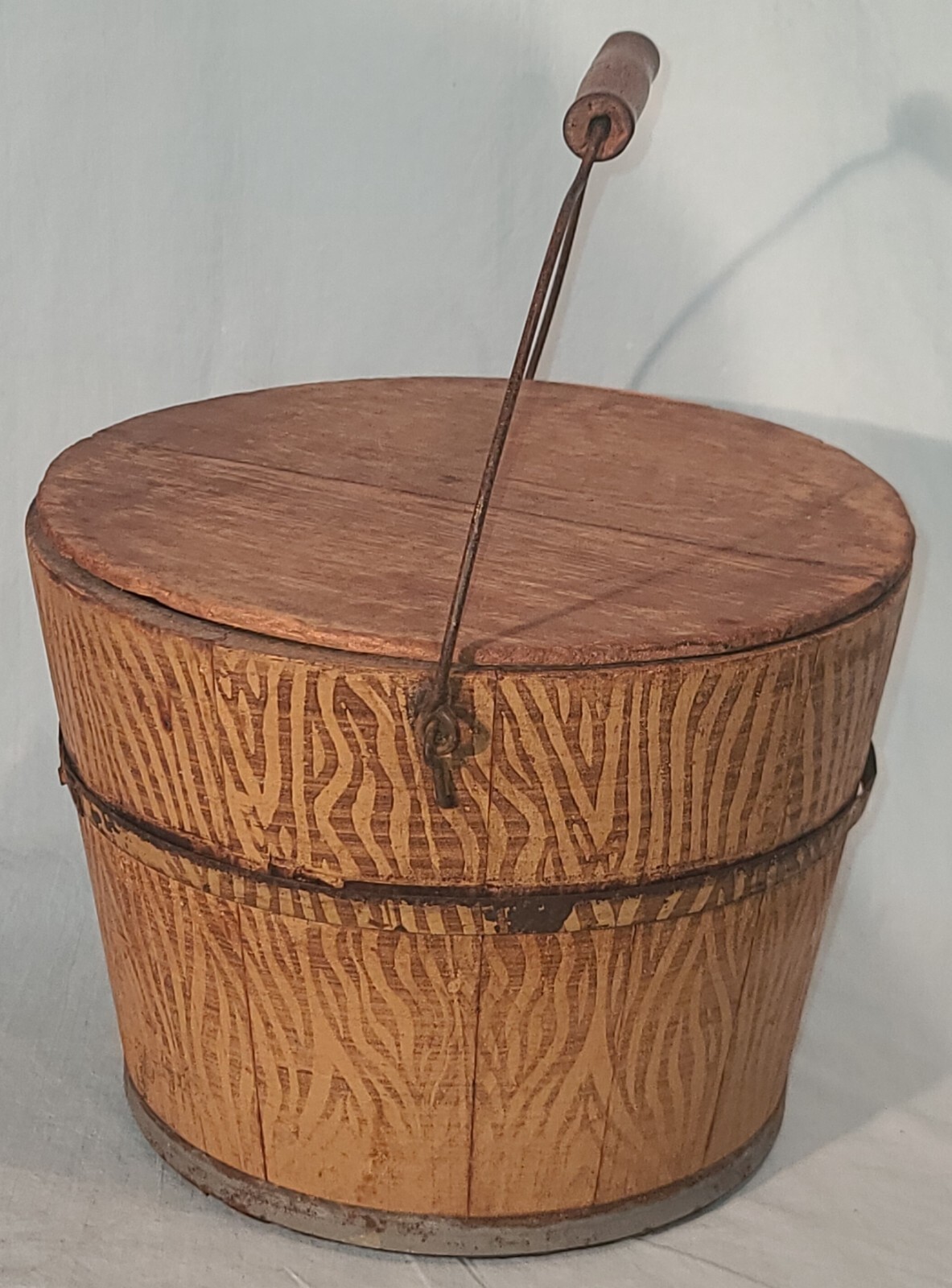 Early Primitive Wooden Bucket w/ Lid & Handle, Maple Syrup Sap Bucket