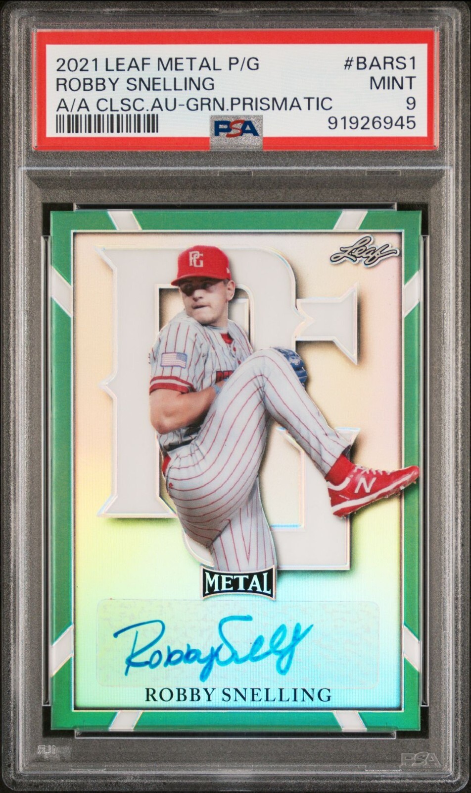 2021 Perfect Game Metal AUTO Green Prismatic 4/10 ROBBY SNELLING Padres PSA 9