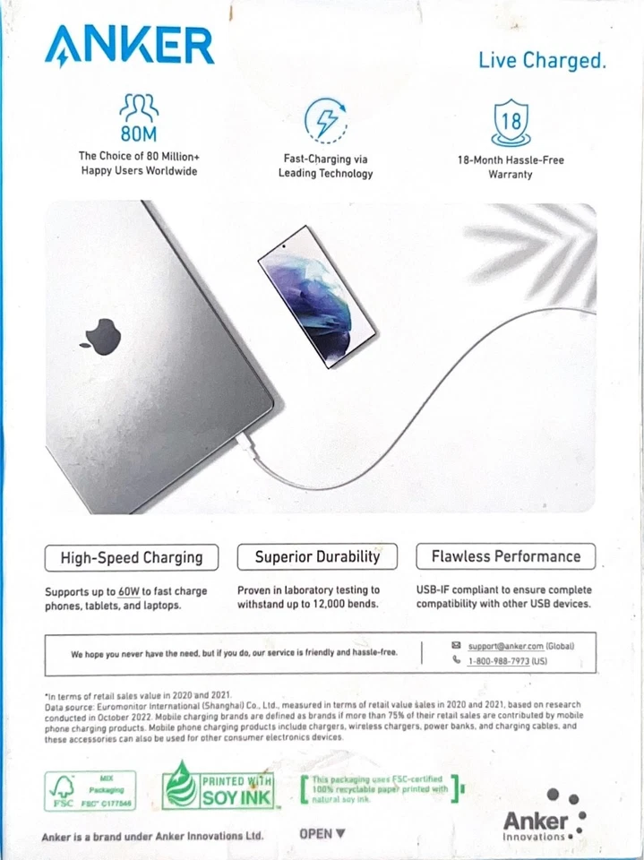 Cable de carga rápida Anker 3' 60W trenzado USB-C a USB-C Max - blanco Foto 2 de 3