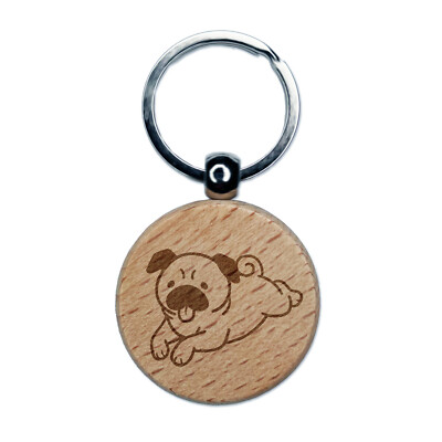 Pug Laying Down Dog Engraved Wood Round Keychain Tag Charm