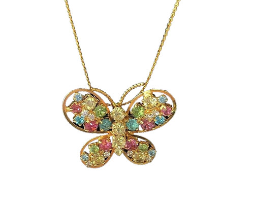 Gold Tone Multicolor Crystal Butterfly Pendant And Chain