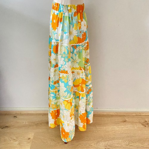 AERE Womens Maxi Skirt Size 8 Floral Orange Blue Linen Tiered Boho Ric Rac Trim - Picture 4 of 15