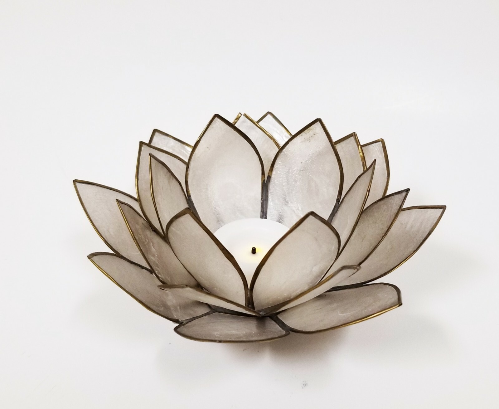 VINTAGE CAPIZ SHELL LOTUS STYLE BRASS ACCENT EDGE TEA LIGHT,CANDLE  HOLDER-5,25