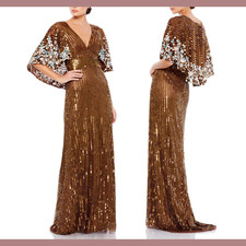 NWT Mac Duggal [ 12 ] 5221 Sequin VNeck Floral Embellished Cape Sleeve Gown J129