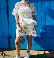 Zara Boho Embroidered Floral Ruffle White Mini Dress Size XS RRP £60