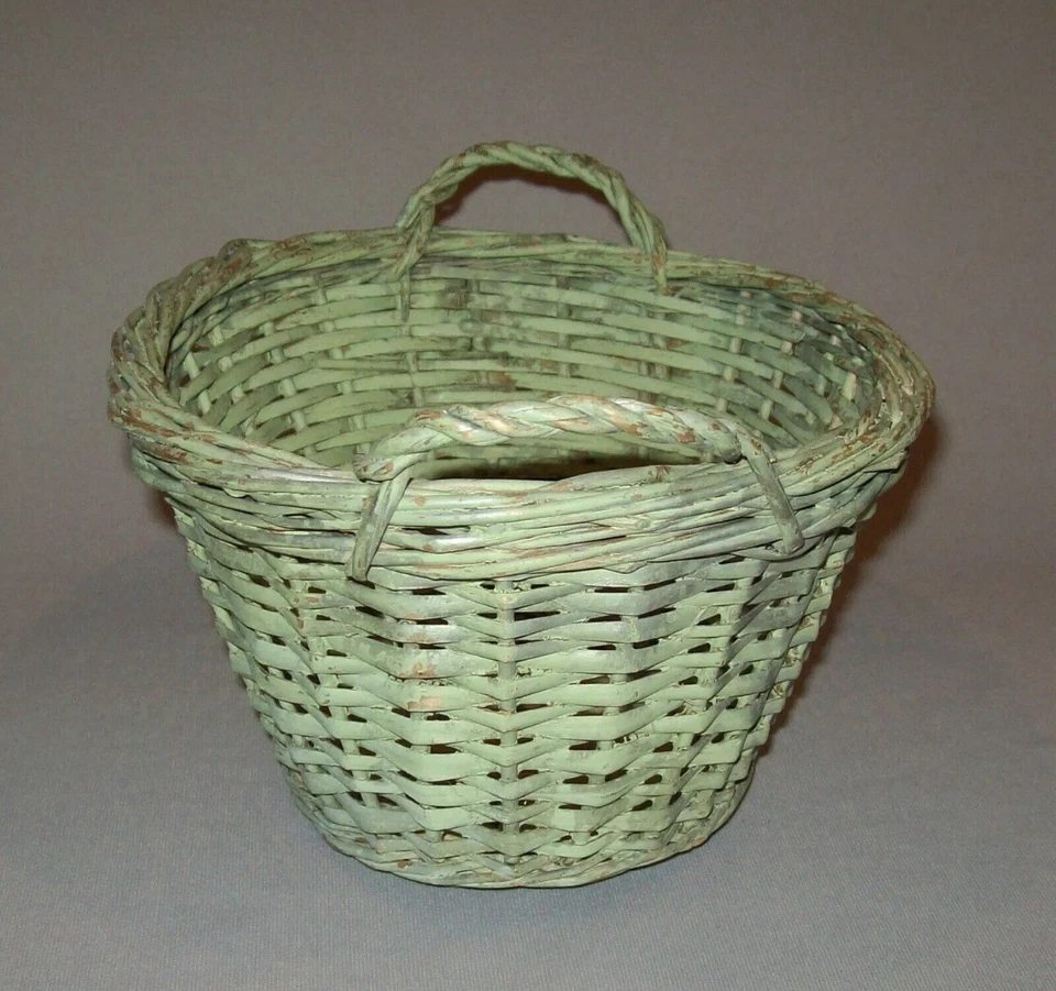 Antigua cesta de lavandería de férula miniatura del siglo XIX de colección pintura verde original Foto 4 de 4