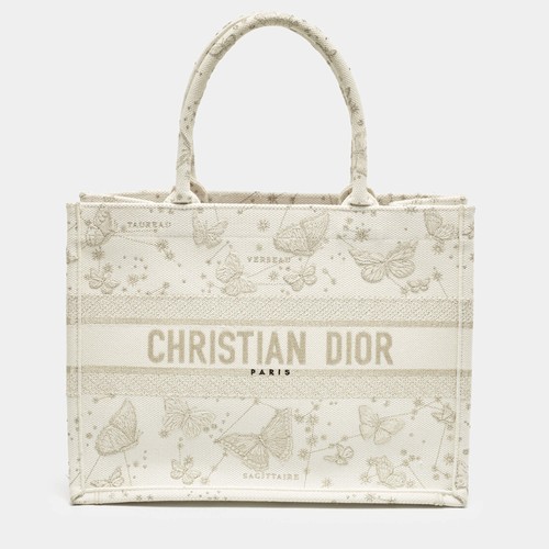 Dior Butterfly Embroidered Book Medium WhiteGold Canvas Tote