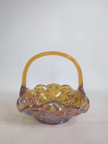 Vintage Amber Carnival Glass Basket with Handle Monticello Indiana Square 7.5”
