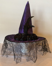 Halloween Deep Purple Black Witch Hat Wide Brim w/Feathers  Veil - One Size