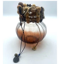Boho Beaded Bracelet Wood Beads Charm Bell Accent Adjustable tan festival beach