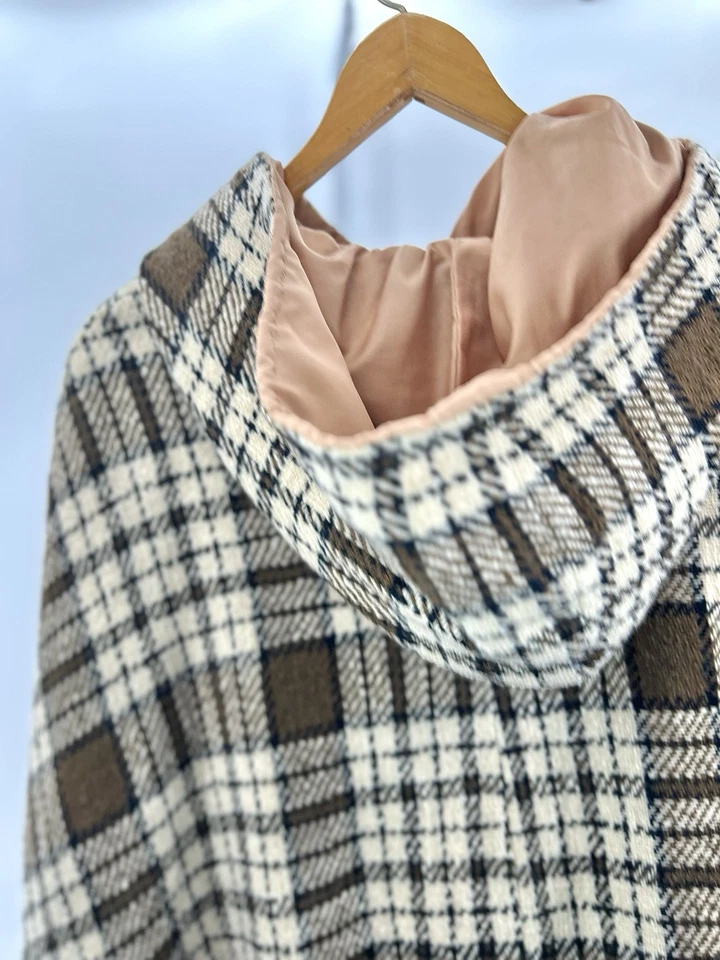 Винтажный шерсти желтовато-коричневый клетку с капюшоном плащ пальто езды плащ фиолетовый подкладка - Изображение 3 из 4