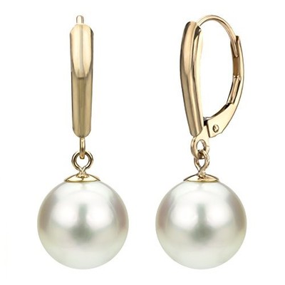Pearl Earrings 14k Yellow Gold Leverback 8-9mm White Freshwater High Luster