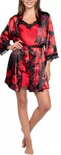 LINEA DONATELLA Nightie/Robe Set Size Small Red Floral Satin Lace Chemise Nwt