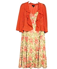 Connected Apparel 18W Floral A-Line Dress Sheer Jacket Set Orange Green