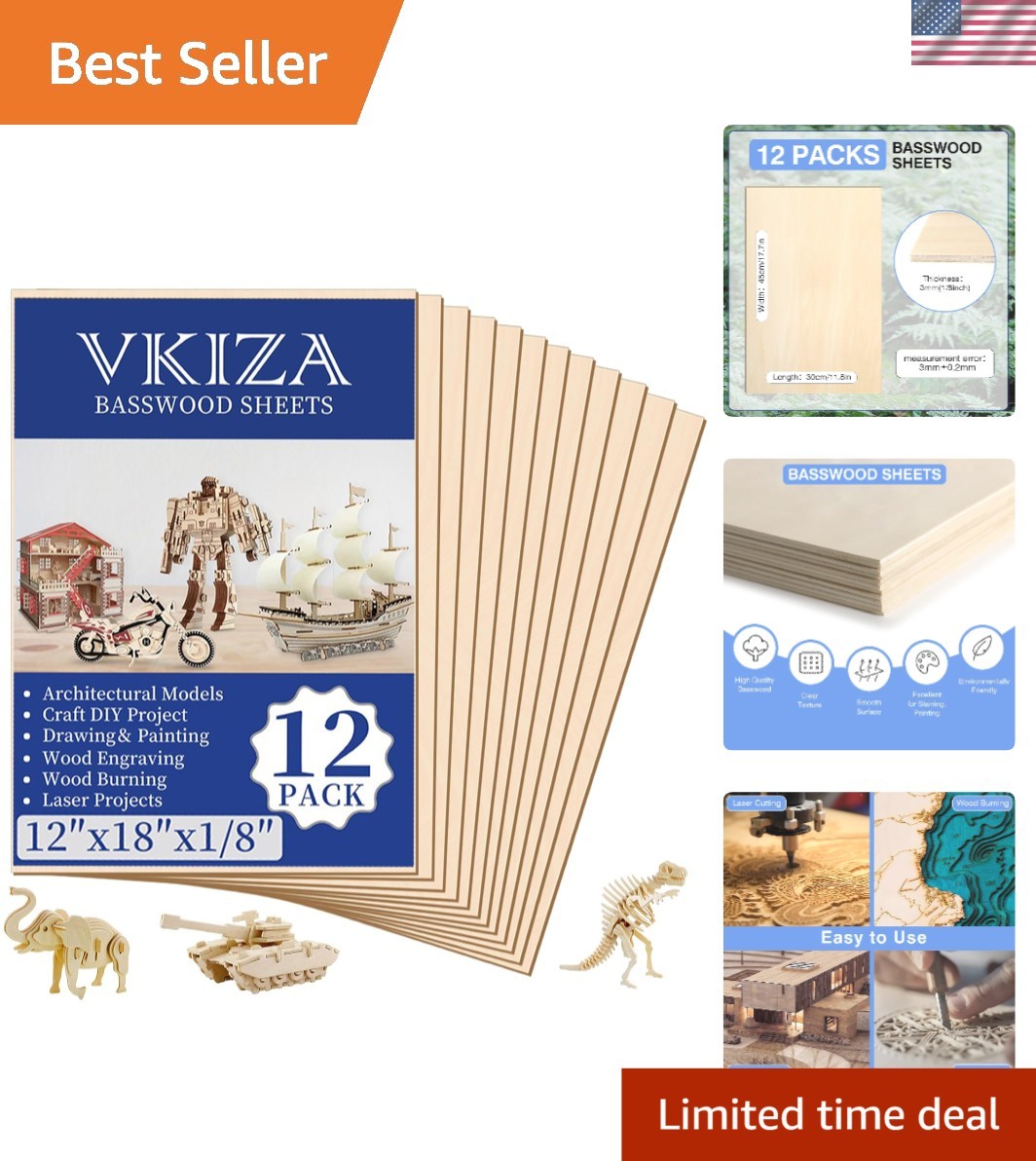 12 Pack of High Quality Basswood Sheets 12x18x1/8 Inch for Crafting & Engraving