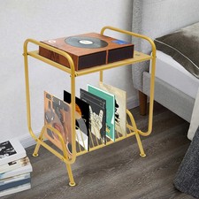 2-Tier Metal Record Player Stand with 16 Slot CD/DVD Storage Holder Book Shelf