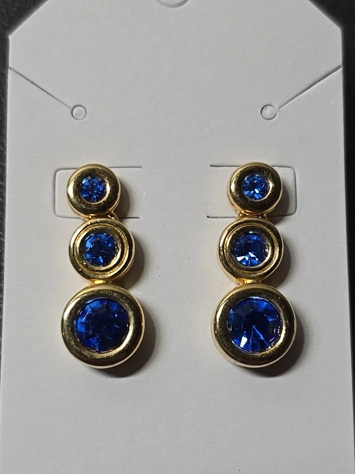 Pendientes colgantes Swarovski genuinos tono dorado con poste trasero zafiro azul... Foto 4 de 4