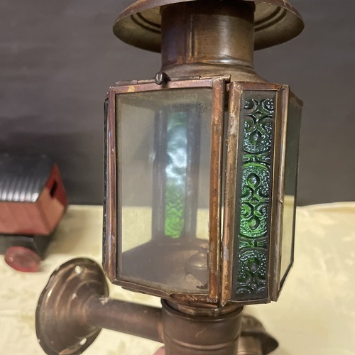Antique Brass Carriage Coach Oil Lamps - Green Etched Glass - Picture 3 of 12