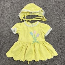 Vintage Easter Baby Girl Yellow White Dress Scallops Ruffle Tulips Size 18 Month