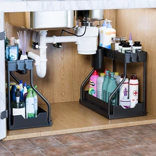 2 Packs 2 Tier Under Sink Organizers and Storage, Slide out Pull out Organizer