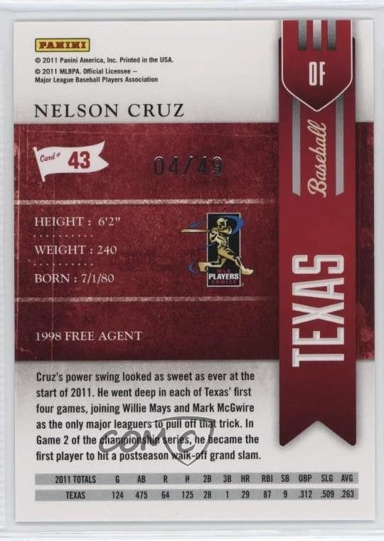 2011 Playoff Contenders Season Tickets Artist's Proof /49 Nelson Cruz #43 - Image 2 of 2