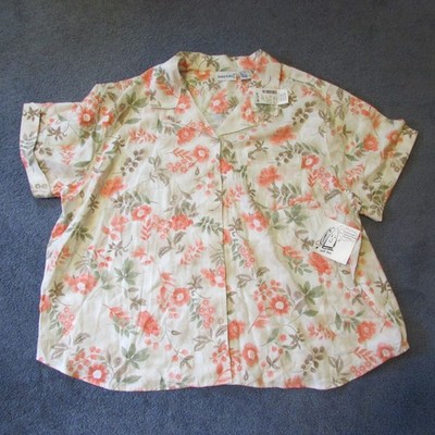 NWT Fashion Bug 30/32W 5X Beige Peach Floral Button Front Linen Shirt Pocket