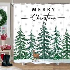 Christmas Shower Curtain 72 x 72 Inch Christmas Tree Deer Snowflake Fabric Sh...