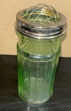 VTG- Depression Green Glass Flower Vase W/Metal Wire Frog Lid